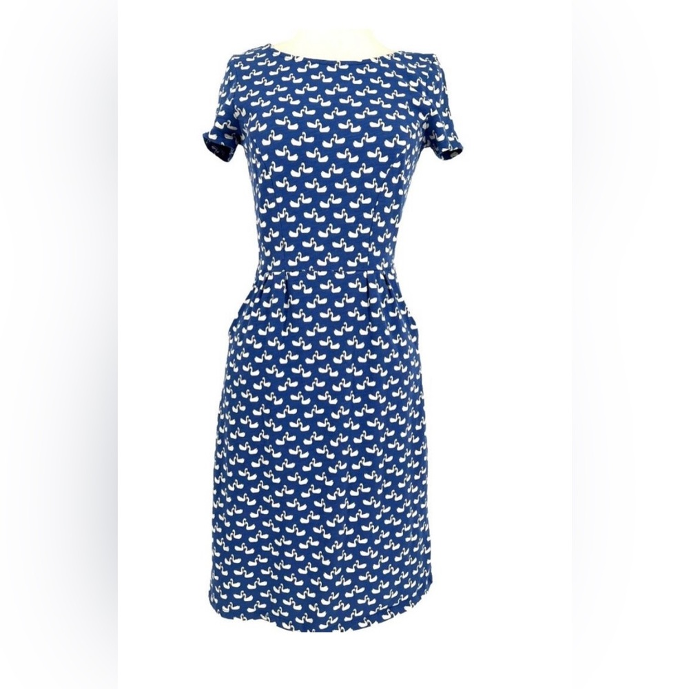 Boden Phoebe Swan Print Short Sleeve A-Line Dress Blue White Size 4